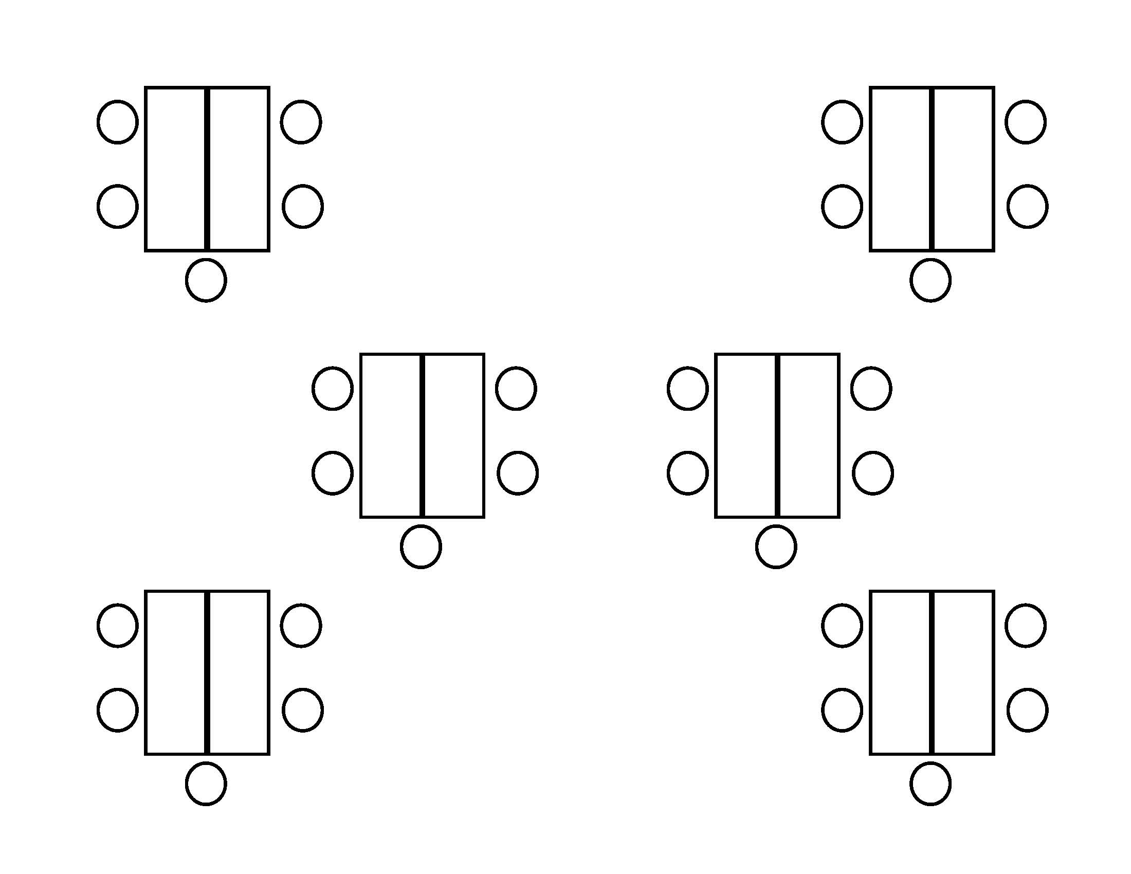 Tables and chairs arranged in clusters. 