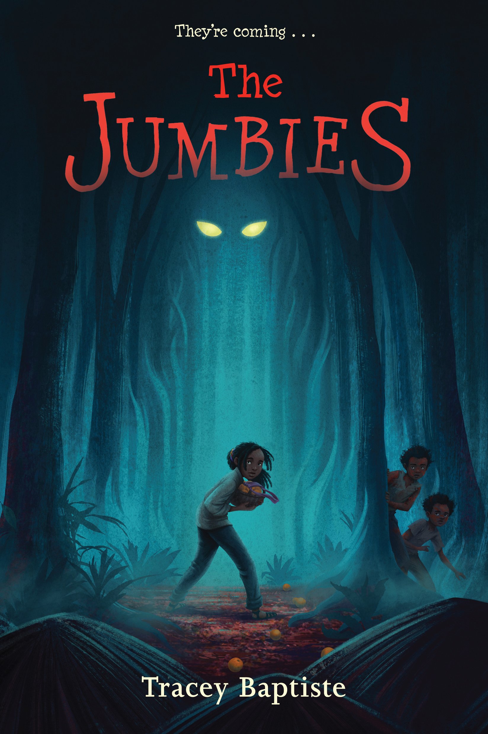 The cover of "The Jumbies" by Tracey Baptiste, featuring an eerily glowing pair of eyes hovering over a wary-looking Black girl who is holding a bag.