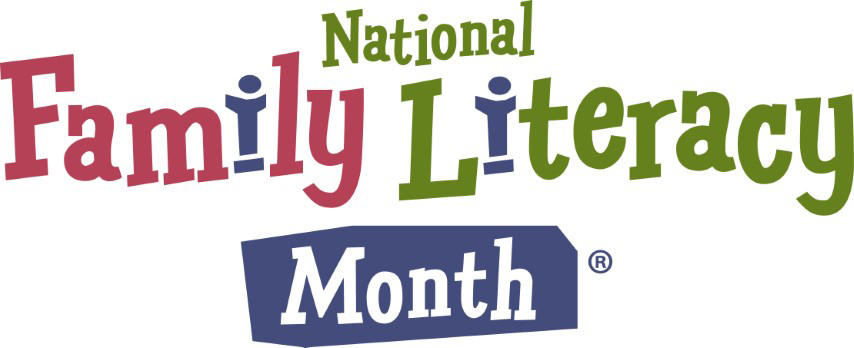 Text reading "National Family Literacy Month" in green, red, and blue.