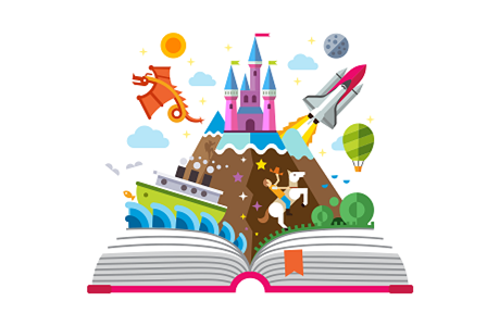 An illustration of an open book with a castle, dragon, rocketship, and more coming out
