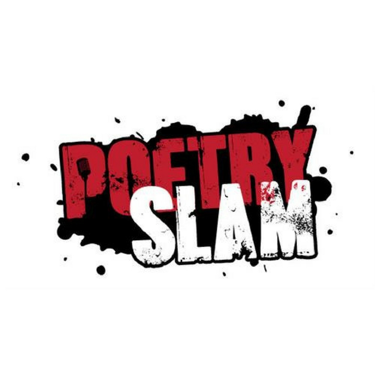 Text which says "Poetry Slam" in red and white text with black paint splatter in the background.
