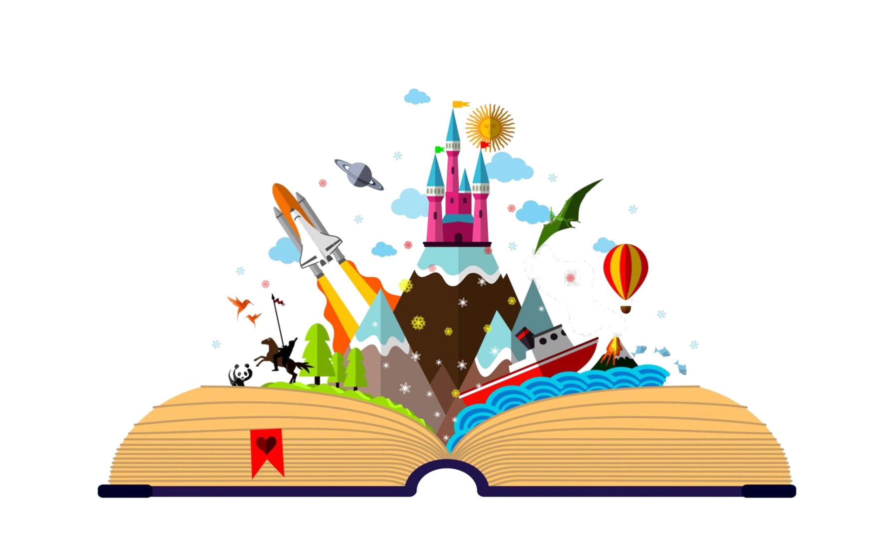 An illustration of an open book with a castle and other fantastical things coming out of the pages.