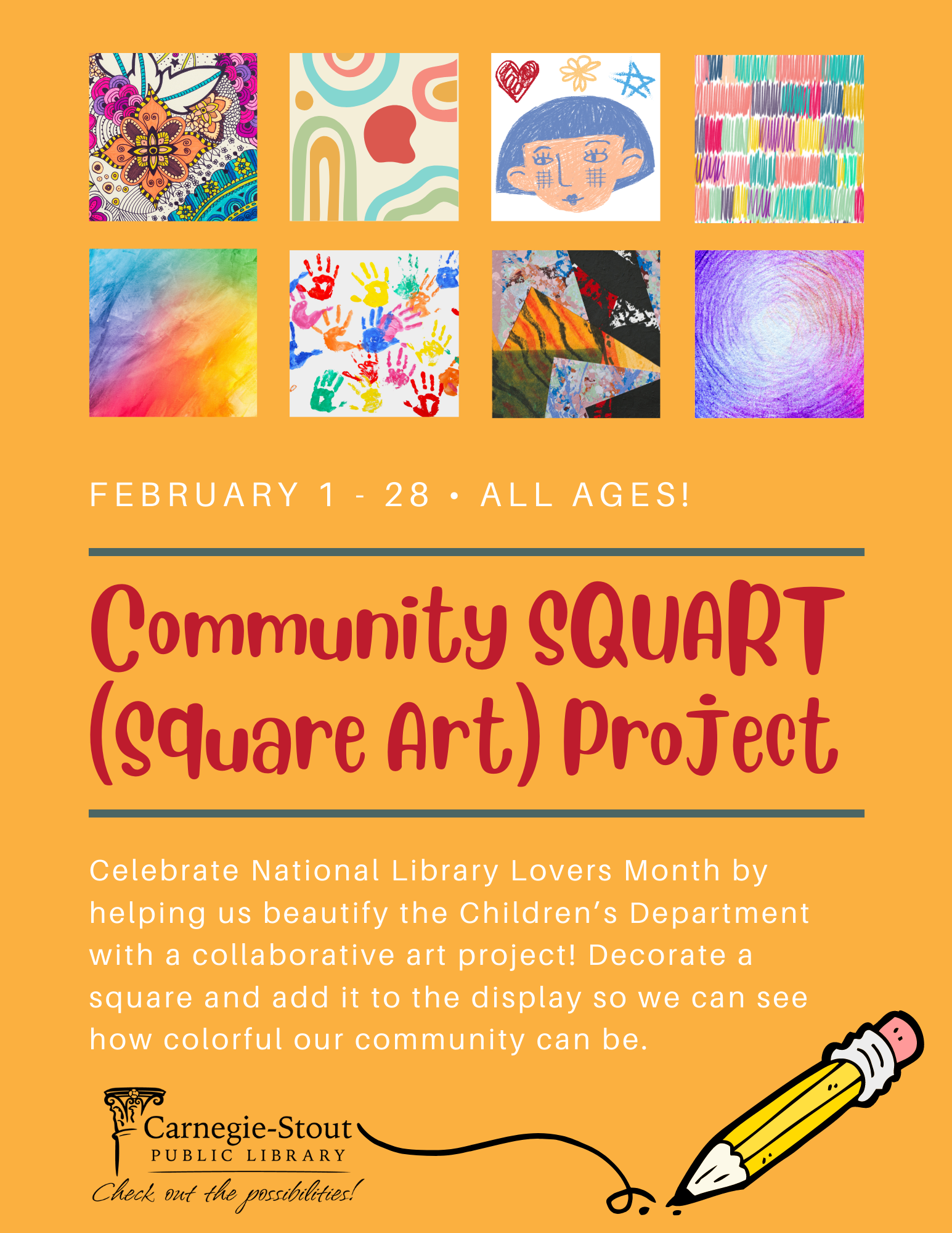 Flyer for the program featuring samples of colorfully decorated squares.