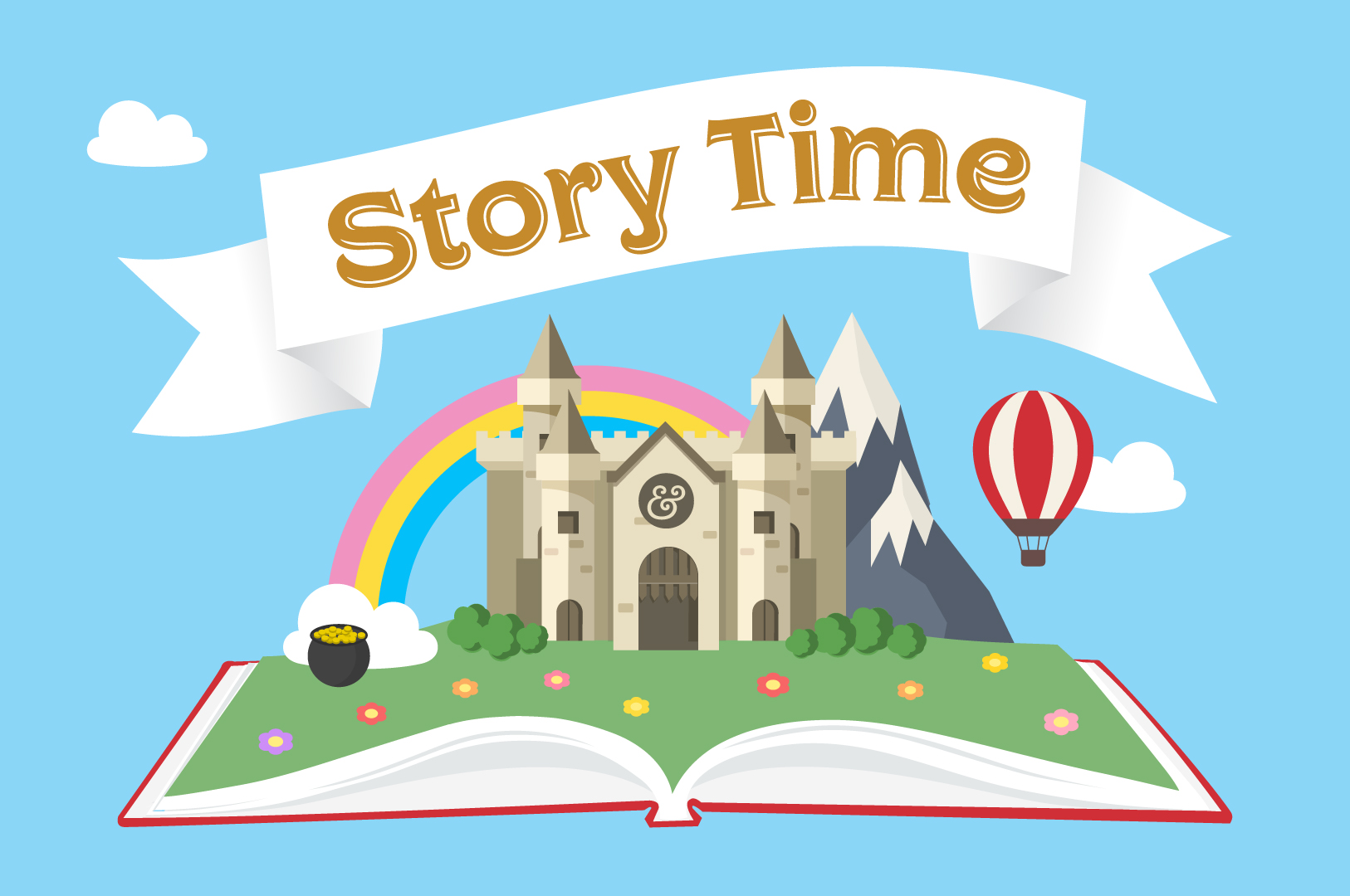 An illustration of an open book with a castle, hot air balloon, and rainbow coming out of its pages.