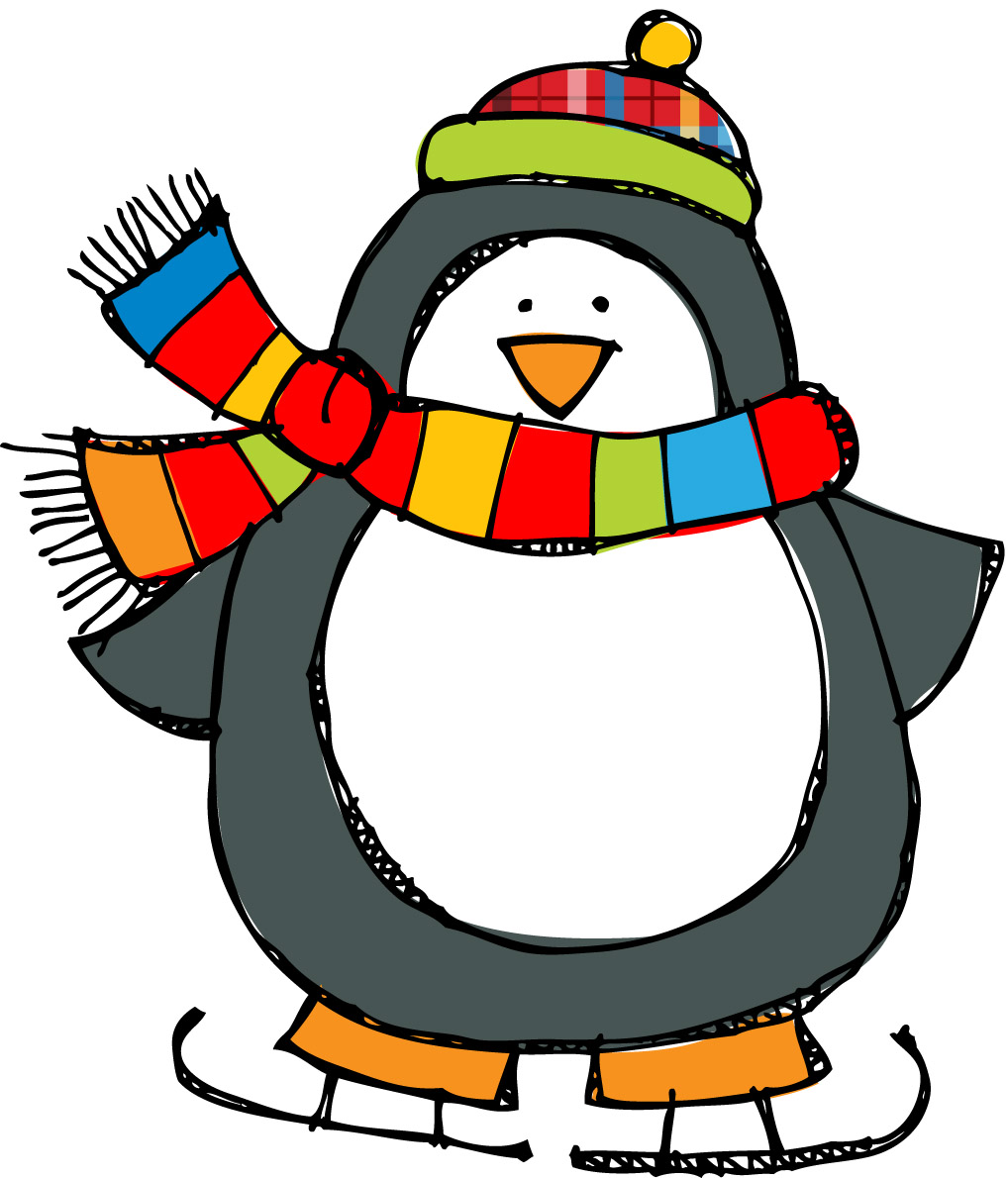 A clipart of a penguin wearing a hat, a scarf, and a pair of ice skates.