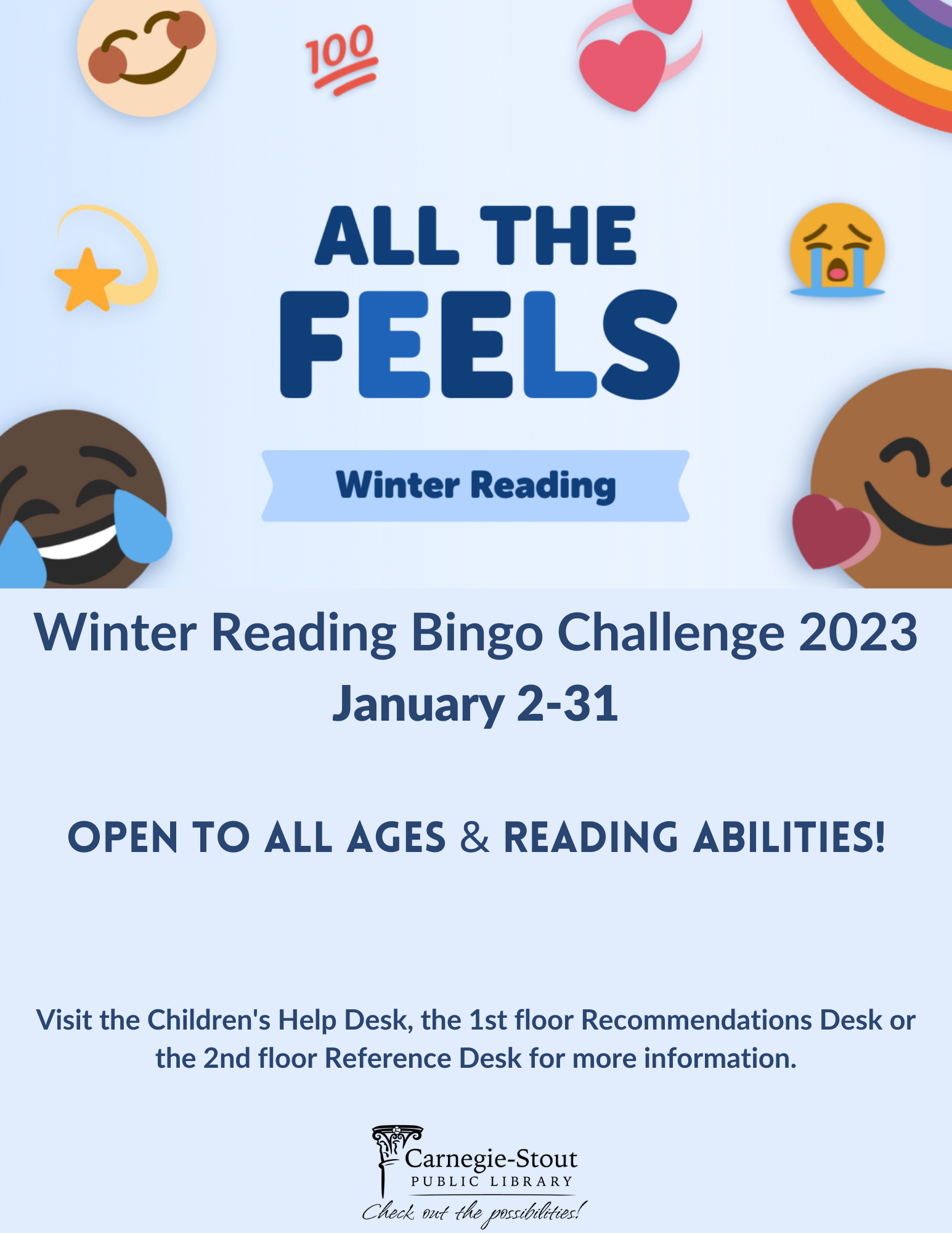 All the feels winter reading bingo. January 2-31. Open to all ages and reading abilities. Blue background with a variety of emoji images.