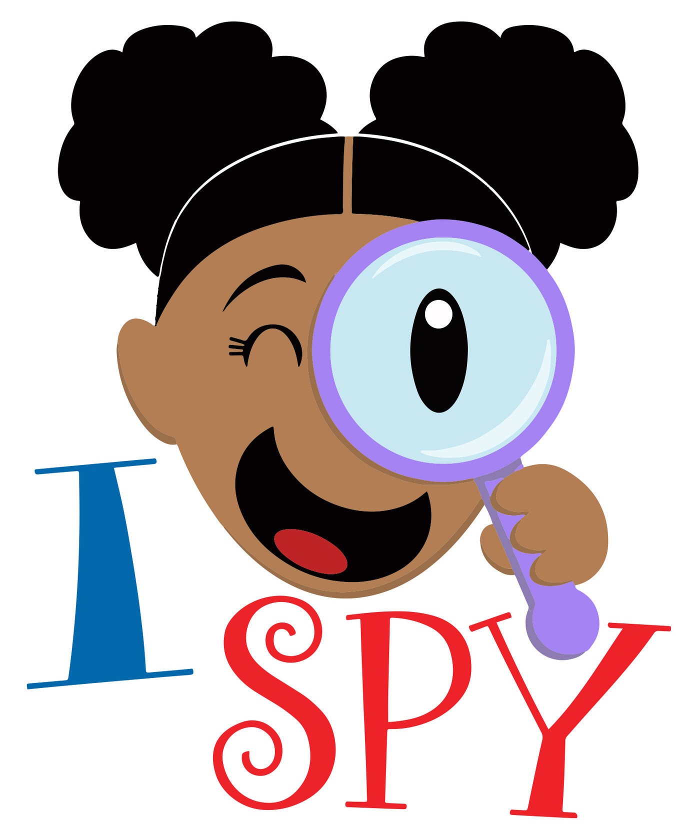 A young  girl holding a magnifying glass to her eye with the words, "I Spy"