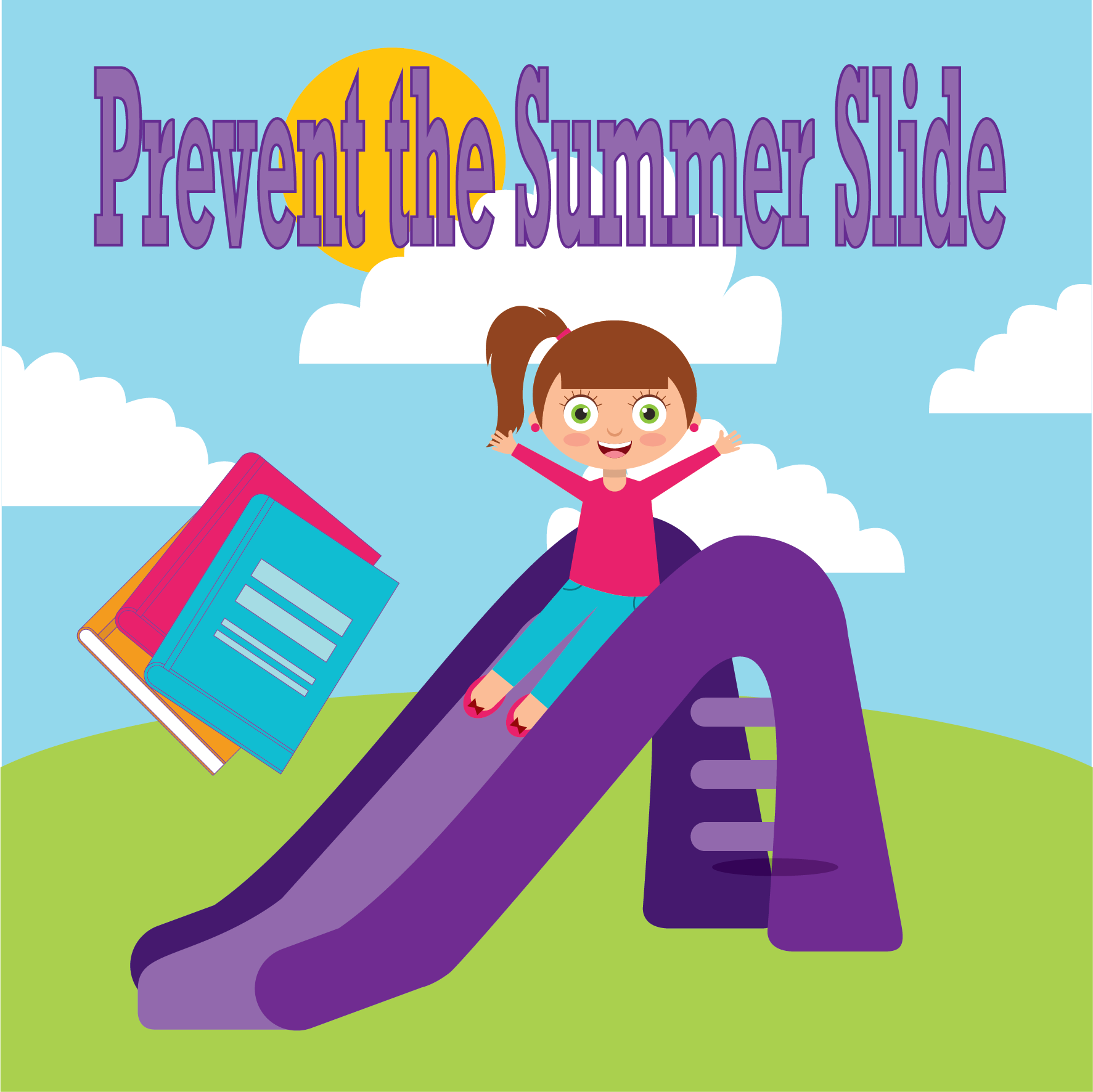 Image of a child sliding down a purple slide labeled with the words "Prevent the Summer Slide."