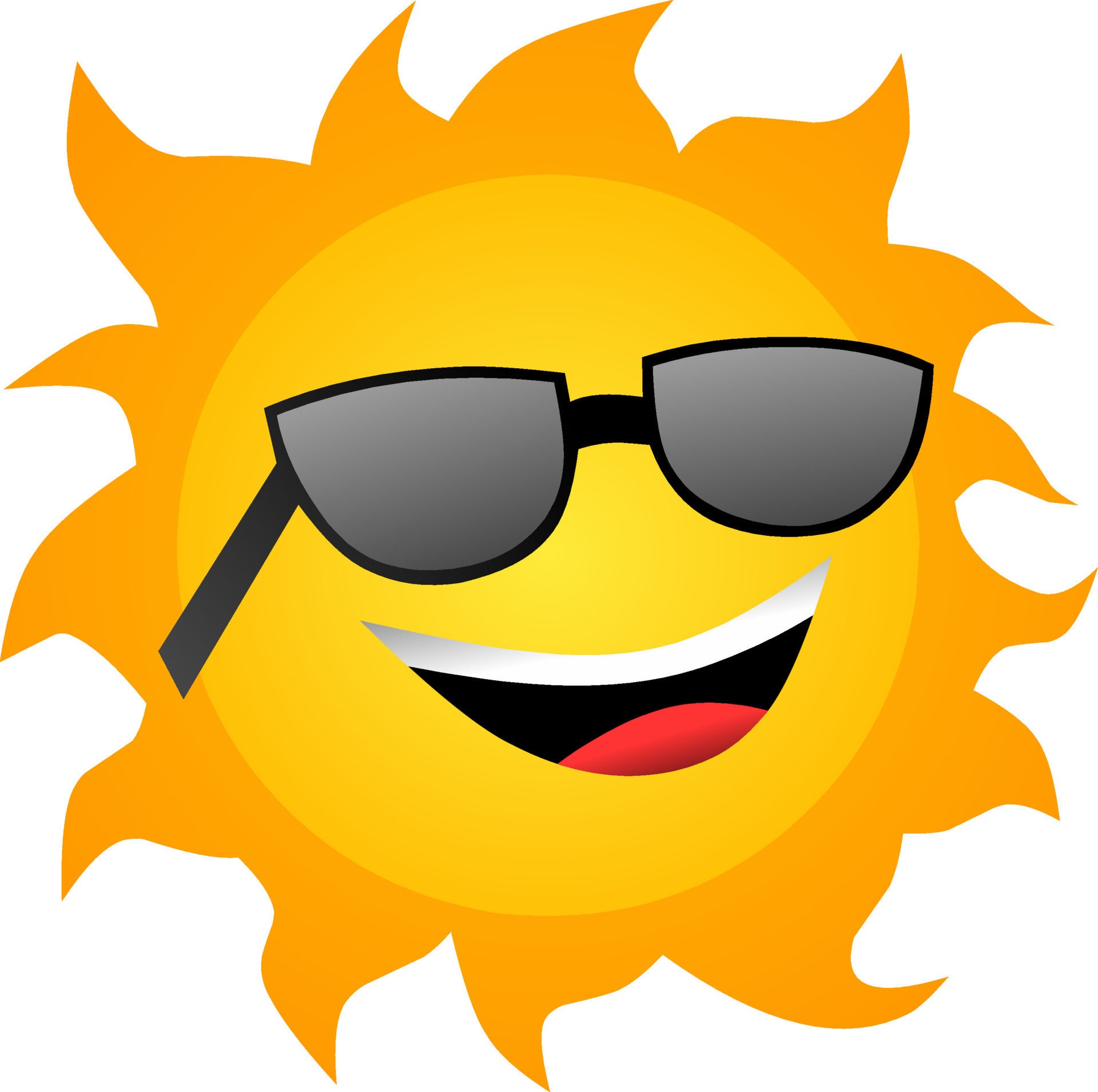 Cartoon clipart of a blazing sun smiling and wearing sunglasses.