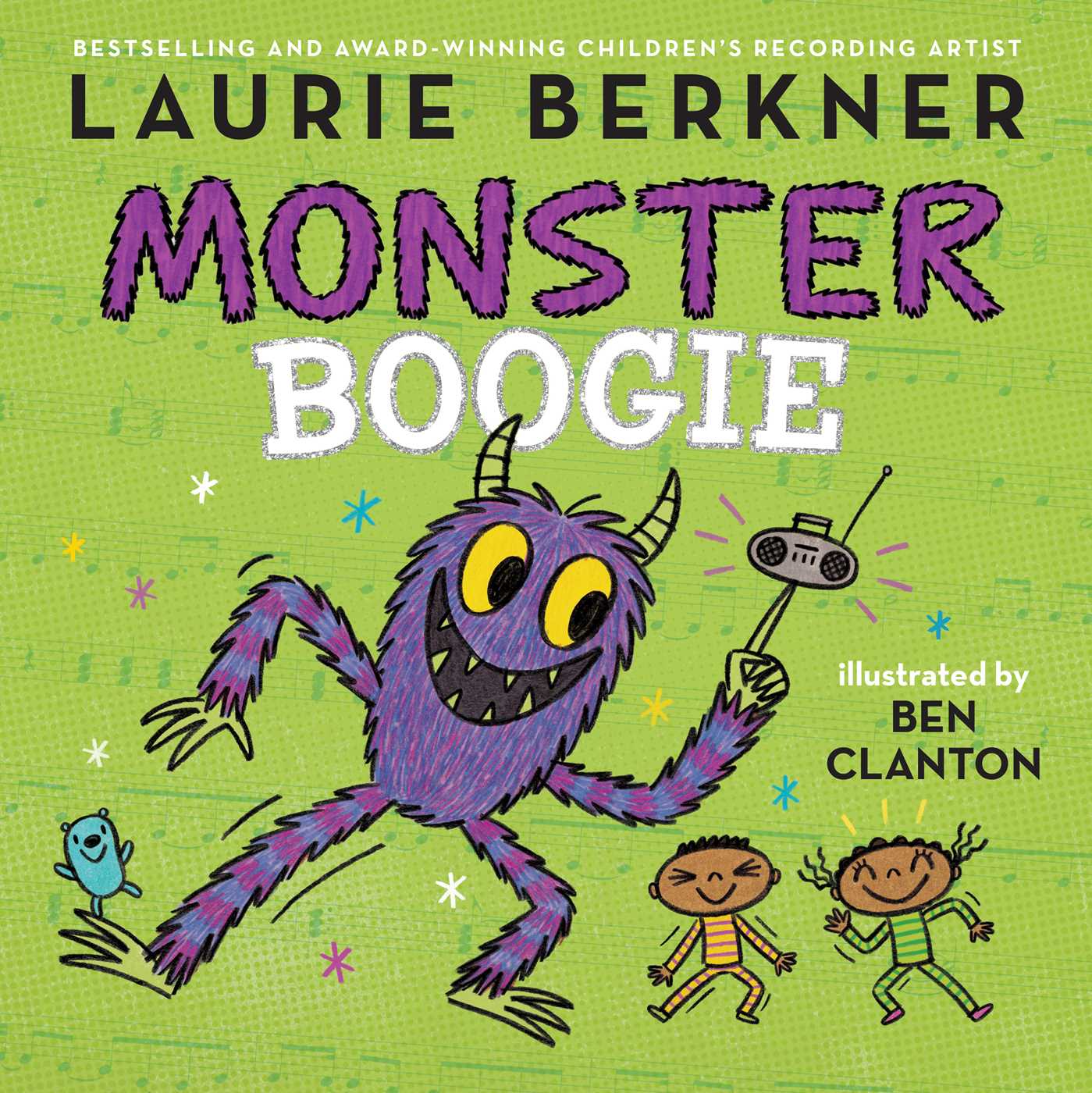 Cover of "Monster Boogie" by Laurie Berkner & Ben Clanton, featuring a fuzzy purple monster dancing with two children.