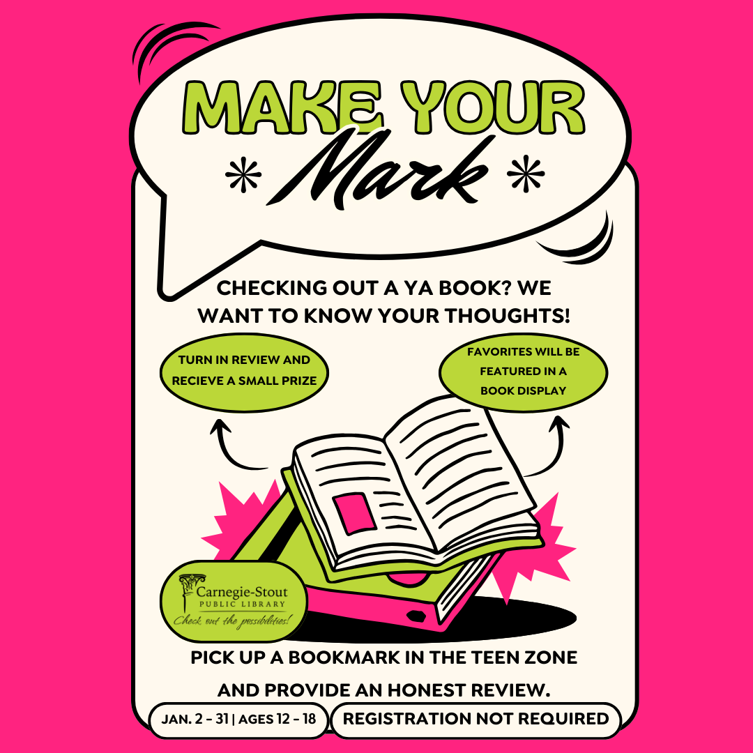 Flyer for Make Your Mark featuring hot pink, neon green, and beige colors and stacked books.