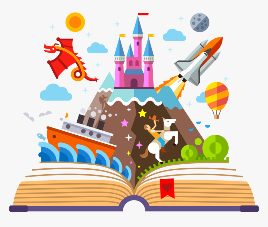 An illustration of an open book with a castle, unicorn, dragon, and more fun fairytale elements bursting from its pages.