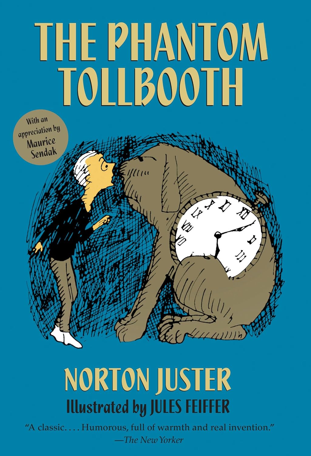 The cover of "The Phantom Tollbooth" featuring a boy looking at a big dog with a clock on its side.