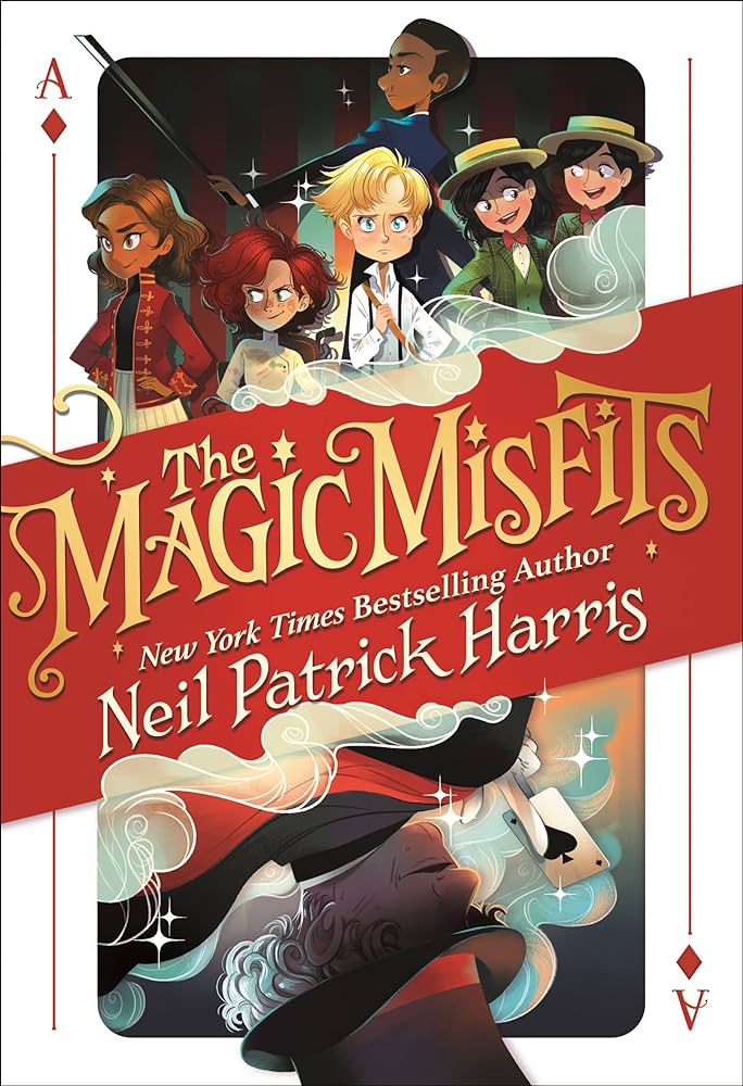 The cover of "The Magic Misfits" featuring an Ace card cover with six young magicians on top and one master magician on the opposite side. 