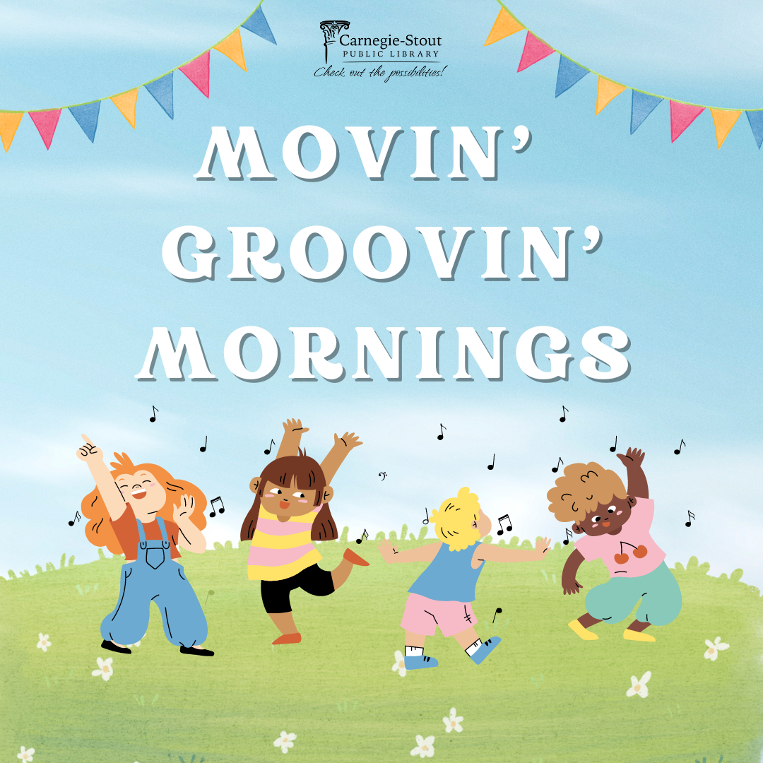 White text reads "Movin' Groovin' Mornings" above clipart of four children smiling and dancing together.