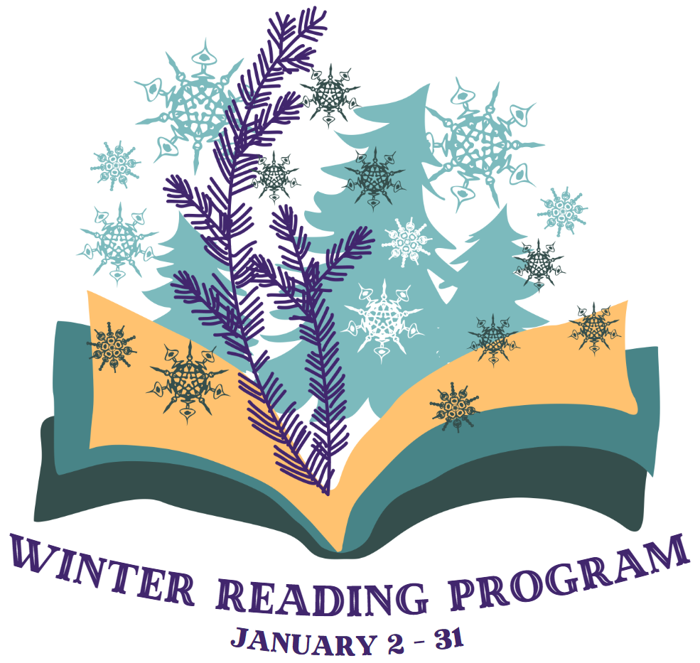A digital illustration of an open book with snowflakes and evergreen trees bursting forth.