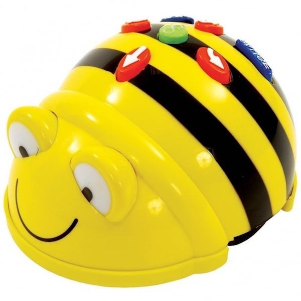 A yellow plastic bee with buttons on it's back.