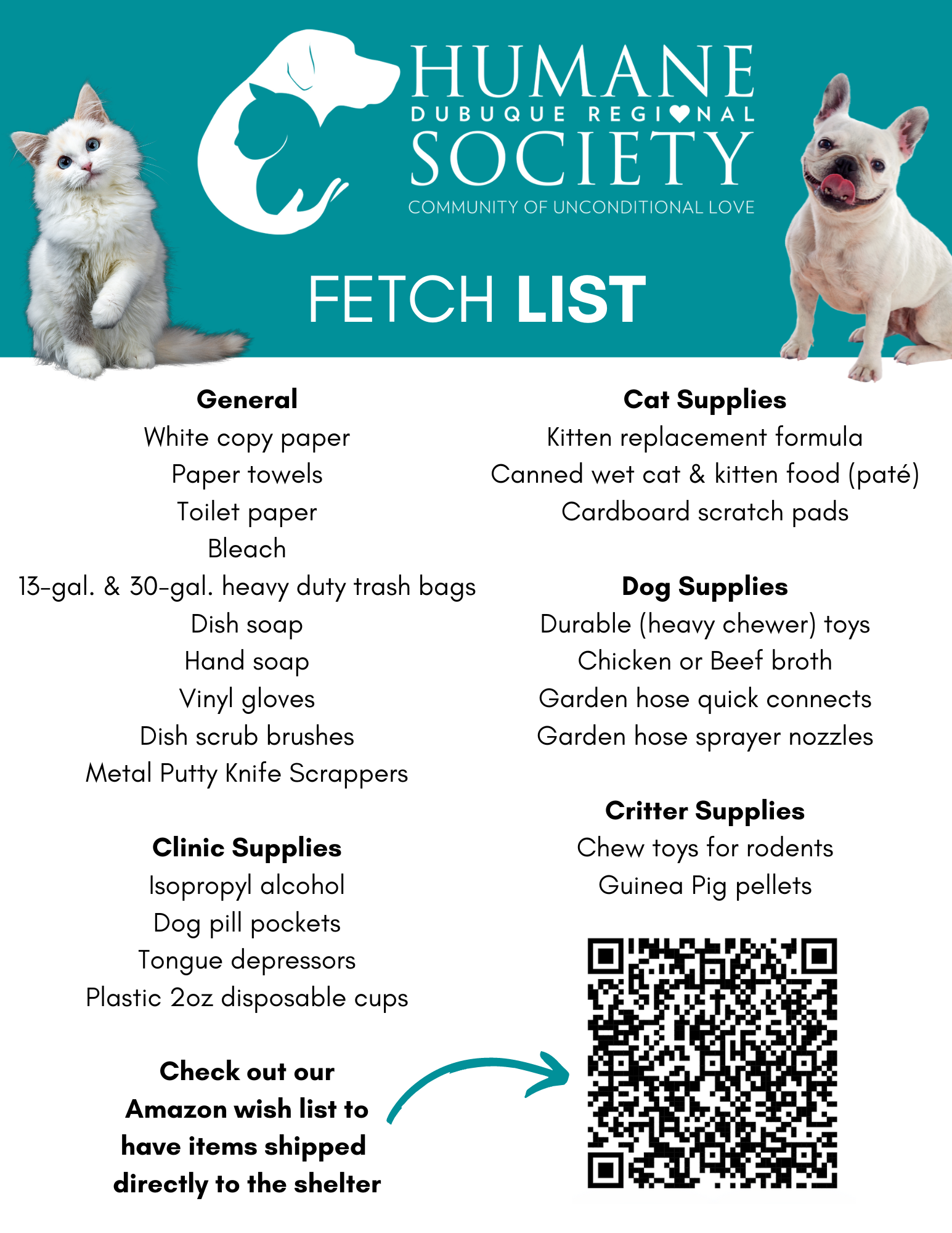 Dubuque Regional Humane Society Fetch List. Items requested include: paper towels, dish soap, bleach, dog pill pockets, canned wet cat food (pate), chicken or beef broth, garden hose sprayer nozzles, and guinea pig pellets.