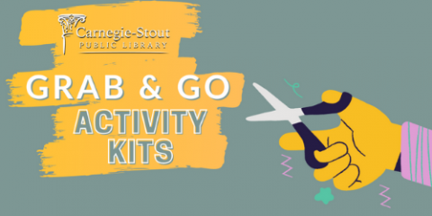 Teal background with yellow paint design and white text that reads: Grab & Go Activity Kits