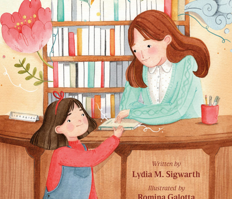 An illustration from the book featuring a kind-looking librarian and a small, happy child