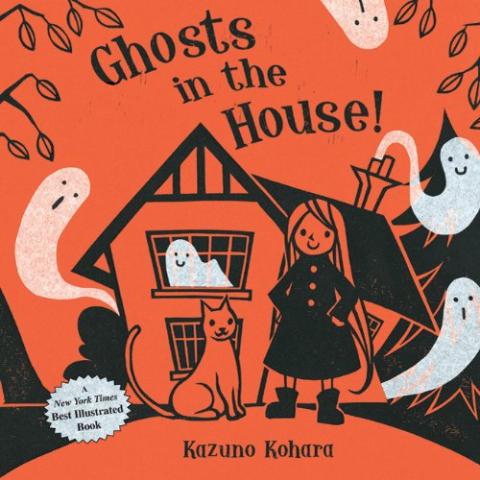 The cover of "Ghosts in the House!" by Kazuno Kohara, featuring an orange background with black illustrations of a house, a young witch, and friendly-looking white ghosts.