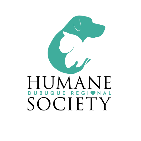 Logo for the Dubuque Regional Humane Society featuring a teal dog silhouette overlapped with a white cat silhouette. 