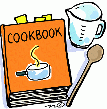 An illustration of an orange cookbook, a measuring cup, and a wooden spoon.