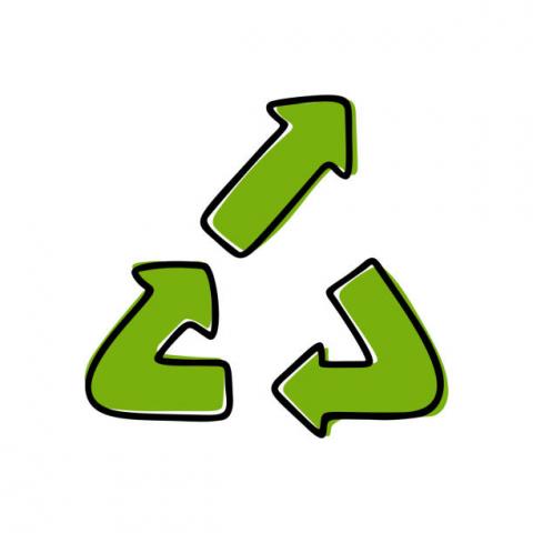 Upcycling logo, similar to the recycling logo but the top arrow points upwards and away from the other triangle arrows.