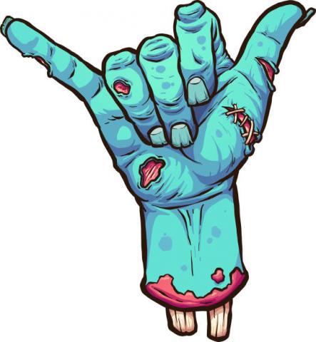 An illustration of a blue zombie hand giving the shaka/hang loose sign.