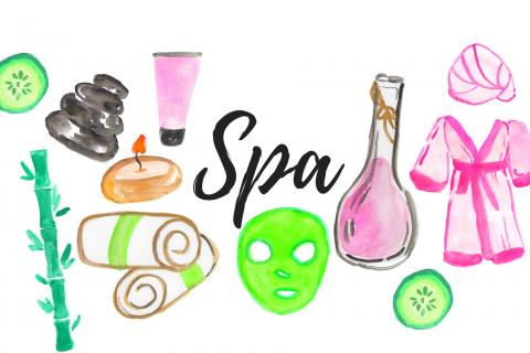 Illustrations of spa materials including a face mask, a robe, towels, etc.