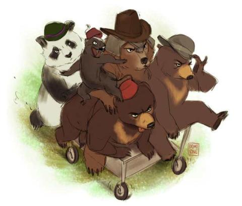 Illustrations of five bears wearing hats on a wagon going downhill.