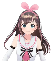 Image of a virtual avatar as a young teen girl with brown hair, sailor uniform, and pink bow.