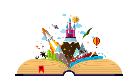 An illustration of an open book with a castle and other fantastical things coming out of the pages.