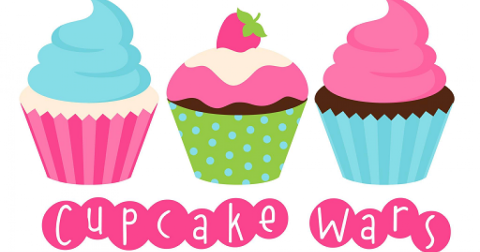 Clipart of three cupcakes in different styles, and underneath it says "Cupcake Wars".