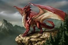 Red dragon posing on a rock with a mountain in the distance.