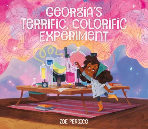 Book cover for "Georgia's Terrific, Colorific Experiment" featuring a young Black girl wearing a labcoat and adding drops of a colorful substance to a variety of beakers.