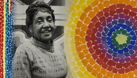 A black and white photo of a smiling Alma Woodsey Thomas over a couple of her colorful art pieces.