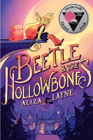 The cover of "Beetle and the Hollowbones" by Aliza Layne, featuring a goblin girl and a ghost sitting together on the edge of a building with a large moon behind them.