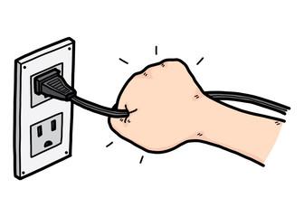 A hand pulling a plug out of an electrical socket.