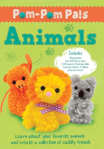 Cover of the book "Pom-Pom Pals: Animals" featuring images  of a pom-pom lion, monkey, and koala.