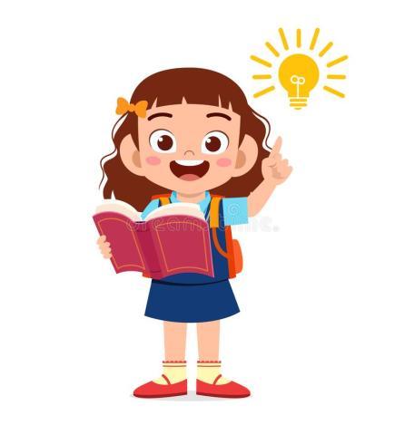 Illustration of a girl holding a book with an excited expression on her face, her finger in the air, and a lightbulb indicating she just had an idea.