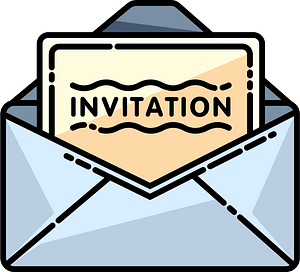 Clipart of a tan invitation coming out of an unsealed white envelope. 