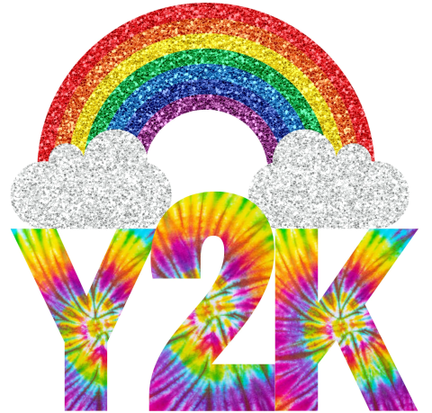 A glittery rainbow arching over tie-dyed letters spelling out "Y2K"