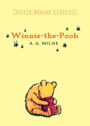 The cover of "Winnie-The-Pooh" by A.A. Milne, featuring a yellow bear sticking his head in a pot of honey with bees flying above. 