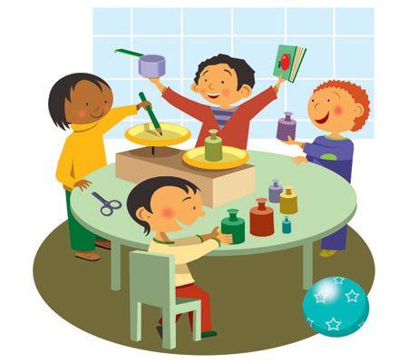 Illustration of four preschoolers sitting around a table playing and learning.