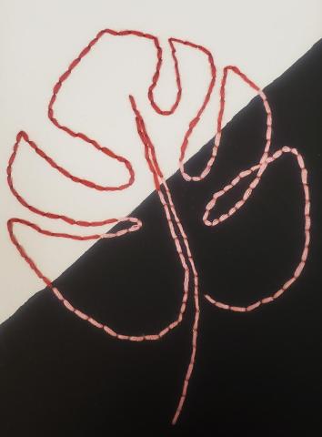 A painting of a large Monstera Deliciosa plant, made from pink thread, featuring a black and white background.