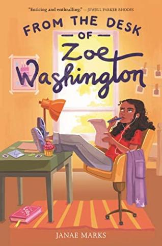 The book cover for "From the Desk of Zoe Washington" by Janae Marks, featuring a young black girl sitting in an office chair with a pen in her mouth, thinking of what to write on a piece of paper with a window in the background.