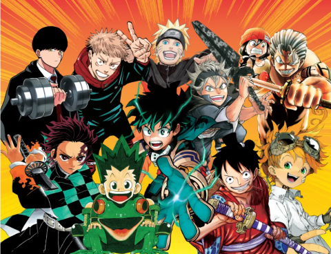 An image featuring different main characters from several manga series like Naruto, Demon Slayer, Hunter x Hunter, and more.