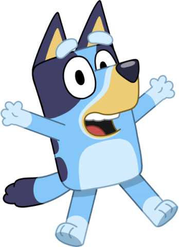 An image of Bluey looking very excited and jumping in the air.