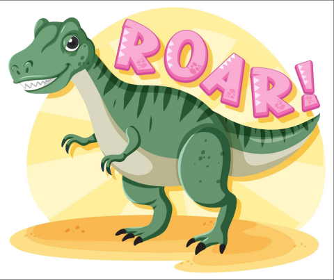 Illustration of a green t-rex smiling with the word "ROAR!" written out in pink bubble letters.